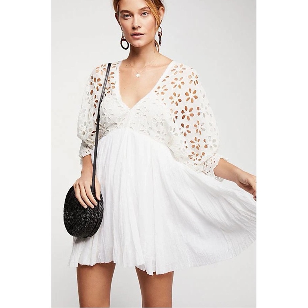 Free People One Bella Note Eyelet Floral Lace Mini Dress in White